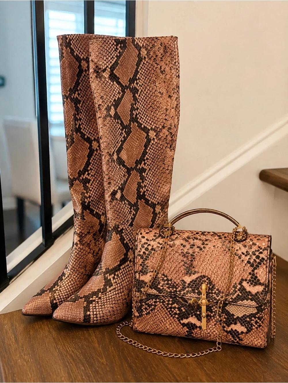 Python-Print Knee-High Boots and Matching Handbag in Brown